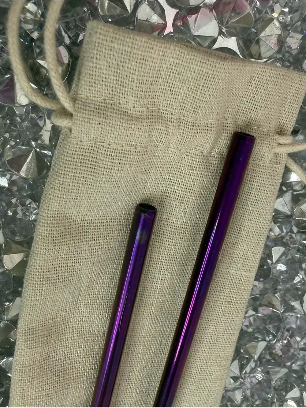 Set of 2 reusable straws metal Purple Metal Reusable Straws with Carry Pouch